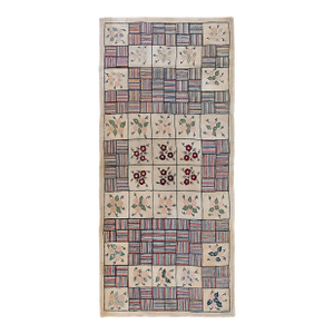 Remarkable Beige Color With Geometric and Floral Design Vintage American Hooked Rug