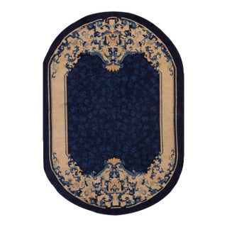 1900s Navy Blue Floral Antique Chinese Peking Rug 6'2" X 8'10" Knotted Wool Carpet For Sale