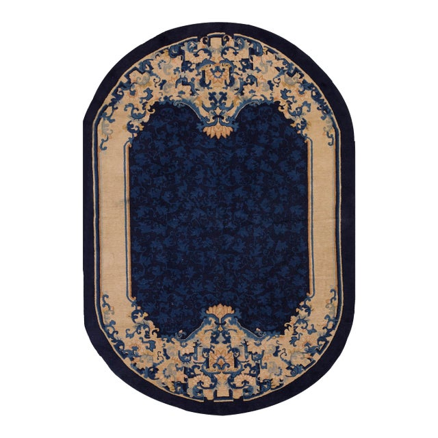 1900s Navy Blue Floral Antique Chinese Peking Rug 6'2" X 8'10" Knotted Wool Carpet For Sale