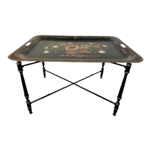 Early 20th Century Toleware Tray Table With Floral Motif on Ebonized Stand