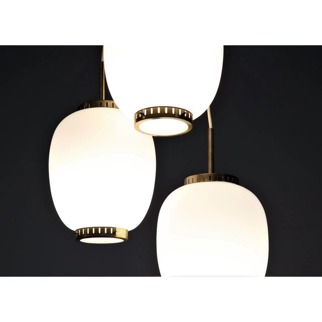 Metal Danish Brass and Opaline Glass Chandelier by Bent Karlby for Lyfa, 1950s For Sale - Image 7 of 10