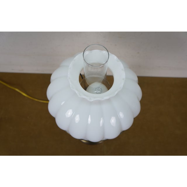 Vintage Pee Gee Milk Glass Shade Brass Wood Sinumbra Faux Oil Table Lamp 26" For Sale - Image 14 of 15