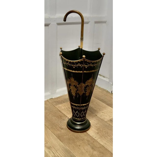 Italian Toleware Umbrella Stand Hand Painted Gold on Black, 1920s For Sale - Image 4 of 7
