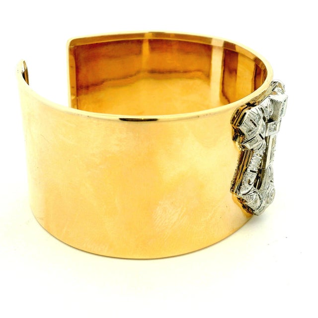 1930s 1930s Art Deco Diamond Platinum & 14k Gold Wide Marriage Cuff Bracelet For Sale - Image 5 of 15