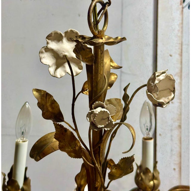 Vintage Italian Gilded Tole and Cream Enamel Floral 6-Light Chandelier For Sale - Image 9 of 17