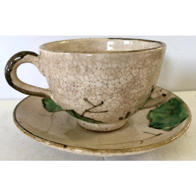 Mid-Century Modern Vintage Japanese Wabi Sabi Pottery Cups and Saucers, Set of 4 For Sale - Image 3 of 7