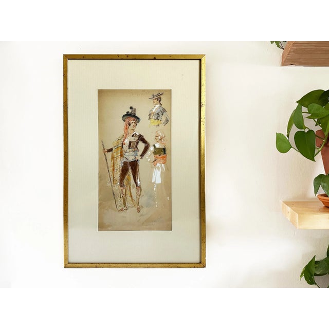 Here is an original antique Italian watercolor painting of a bullfighter by costume designer Alfredo Edel (Italy,...