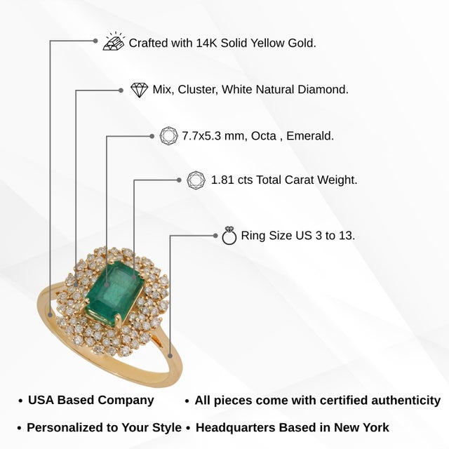 VRJewels Vintage Cluster Diamond 1.81 Carats Emerald Ring in 14k Gold Size 4, New For Sale - Image 13 of 18