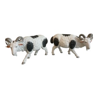 Striking Pair of Mid-Century Porcelain Ram Figurines For Sale