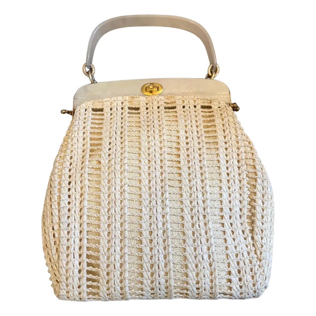 1950s High Quality Bakelite and Woven White Cotton Italian Hand-Bag For Sale