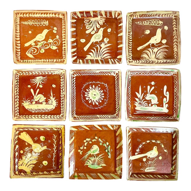 1950s Vintage Mexican Southwestern Folk Art Tlaquepaque Pottery Plates - Set of 9 For Sale