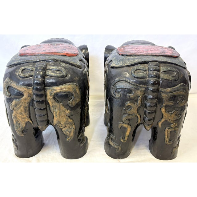 Black Vintage Solid Wood Painted African Elephant Stools- A Pair For Sale - Image 8 of 15