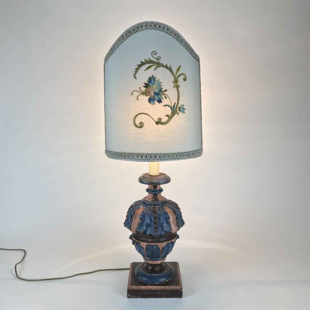 Pair of Antique Embroidery Living Room Lamps, crafted from two carved wooden vases featuring lacquered plant motifs in...