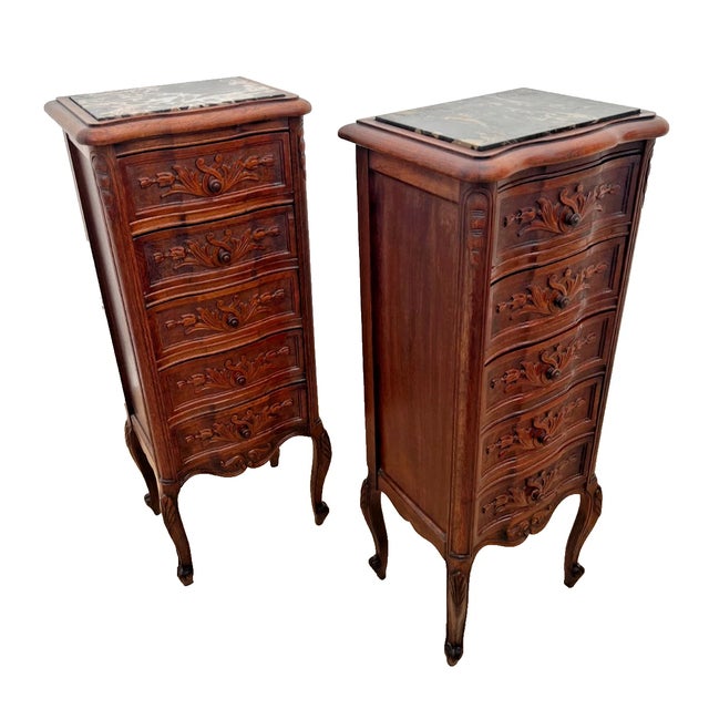 Antique Pair of French Nightstands Bedside Tables Five Hand Carved Drawers For Sale - Image 9 of 13