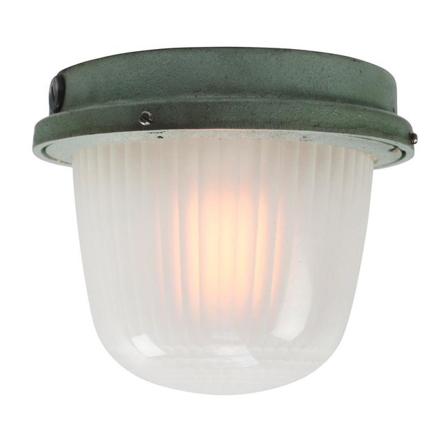 French industrial wall / ceiling lamp by holophane, france, model ce200 green cast iron with frosted cut glass. e27 / e26...