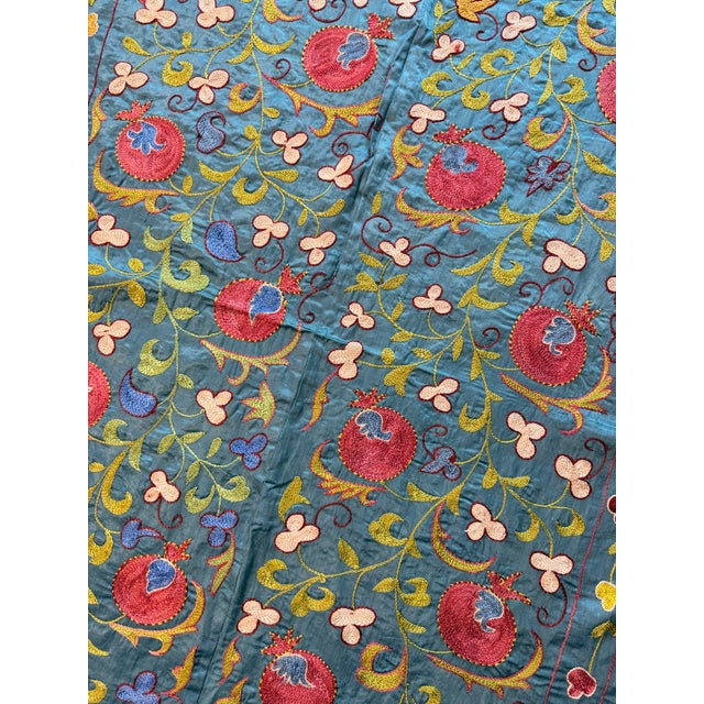 Textile Blue Silk Suzani Wall Decor With Red Pomegranates For Sale - Image 7 of 10