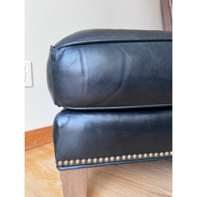 2020s Lee Industries Custom Colonnade Blue Leather Ottoman With Nailhead Trim For Sale - Image 5 of 9