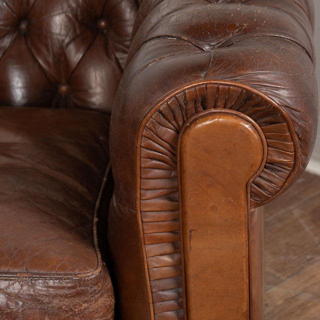 Set of Three Vintage Brown Leather Chesterfield Seating Group With Sofa and Pair of Club Chairs For Sale - Image 15 of 18