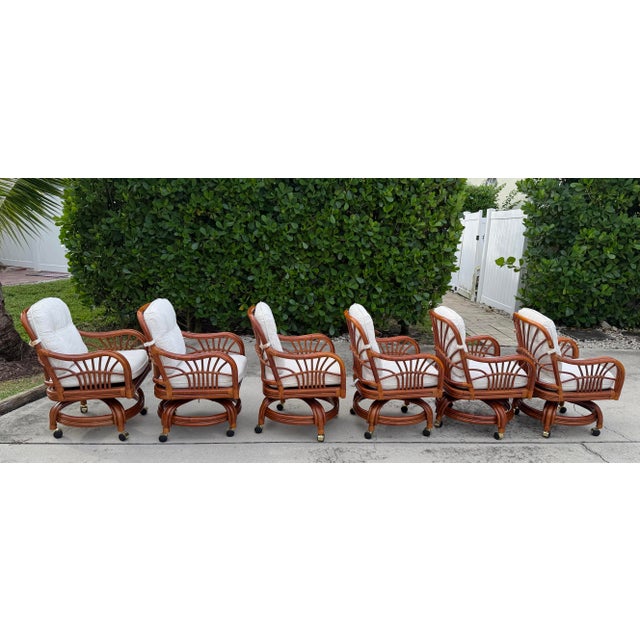 Late 20th Century Vintage Sunburst Rattan Swivel Armchairs on Casters, Set of 6 For Sale - Image 5 of 18