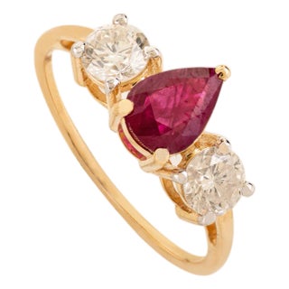Ancient Prong Set Ruby & Round Diamond Past Present Future Ring Size 6.5 in 14k Gold For Sale