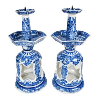 Mid 20th Century Blue White Ceramic Candle Stick Tea Light Candle Holders, Made in Japan - Set of 2 For Sale