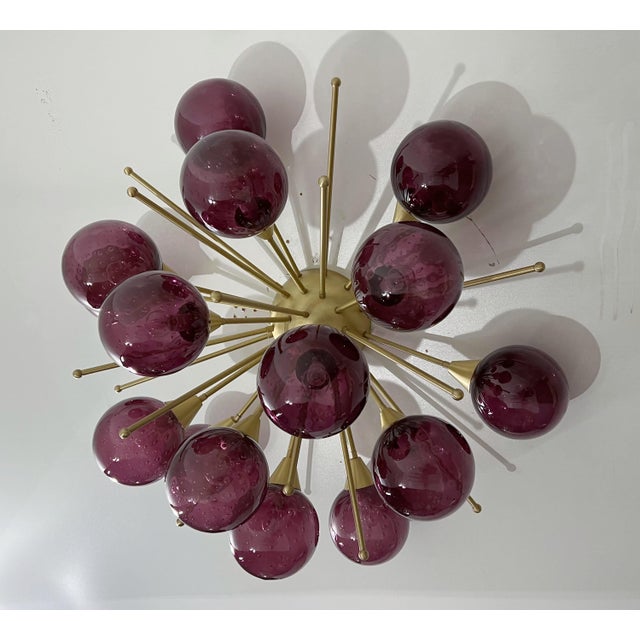 Italian sputnik flush mount with amethyst Murano glass globes carefully hand blown with bubbles inside the glass using...