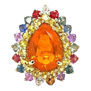 7.11 Carat Pear Cut Natural Fire Opal Sapphire Yellow Gold Cocktail Ring Size 7