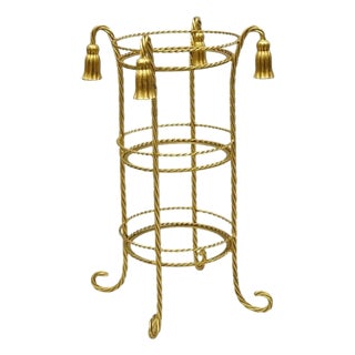 Vintage Italian Hollywood Regency 3 Tier Gold Iron Rope Tassel Stand Side Table For Sale