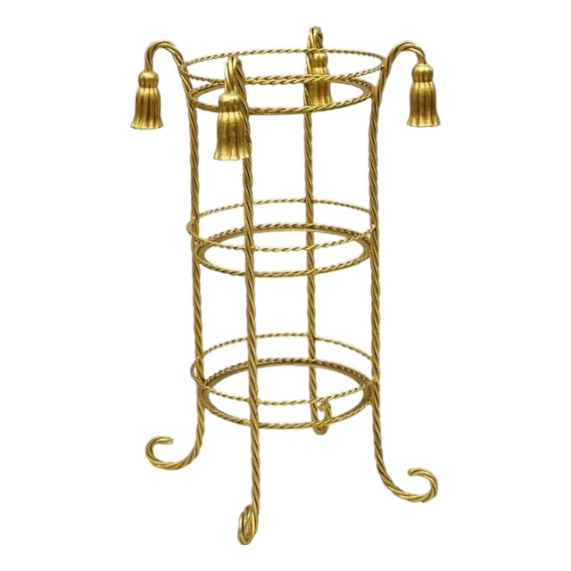 Vintage Italian Hollywood Regency 3 Tier Gold Iron Rope Tassel Stand Side Table For Sale