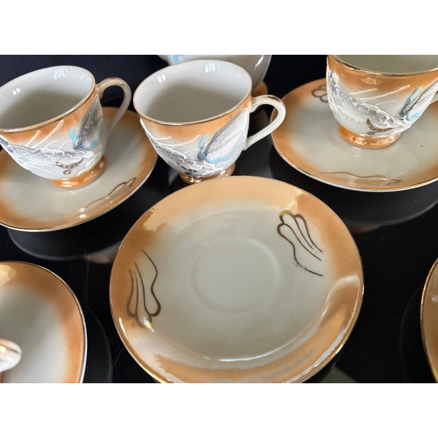 Dragon Tea Set Lusterware Made in Japan, Teapot With 6 Cups and Saucers, Hand Painted For Sale - Image 11 of 11
