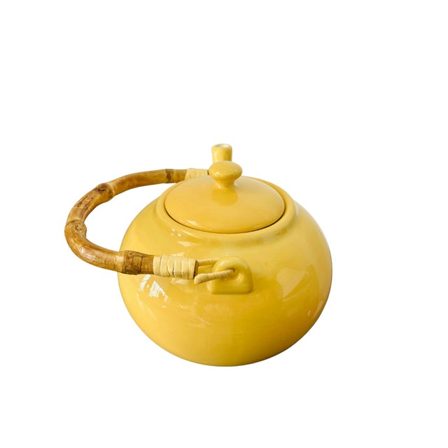 Vintage Pottery Barn Sausalito Yellow Ceramic Teapot – Bamboo Handle – Asian-Inspired Stoneware Tea Kettle For Sale - Image 6 of 9