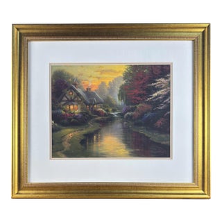 Vintage English Thomas Kinkade Certified Print, Cottage by the River For Sale