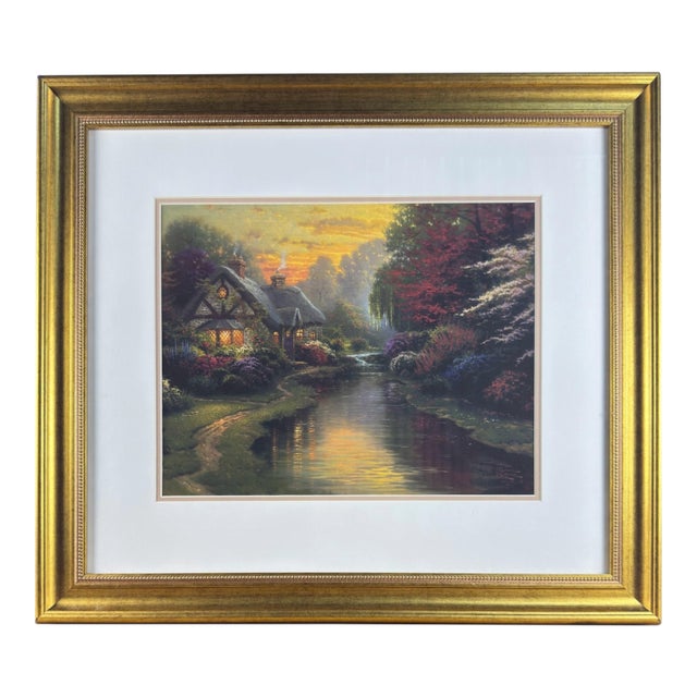 Vintage English Thomas Kinkade Certified Print, Cottage by the River For Sale