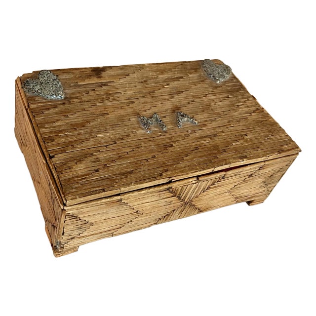 1930s Tramp Art Jewelry Box Tribute to Mother, Cigar Box, Match Work With Velvet Lining For Sale