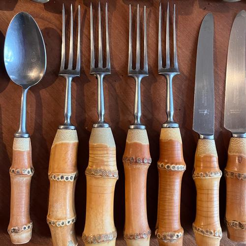 Vintage Bamboo Handled and Stainless Steel Flatware Set from Mills Moore, Set of 24 For Sale - Image 10 of 14