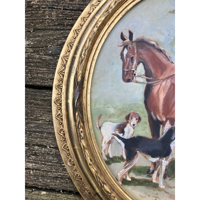 Contemporary Original Equestrian Stephen Heigh Painting “Early Morning Horse & Hound” Antique Gilt Wood Oval Frame For Sale In Philadelphia - Image 6 of 7