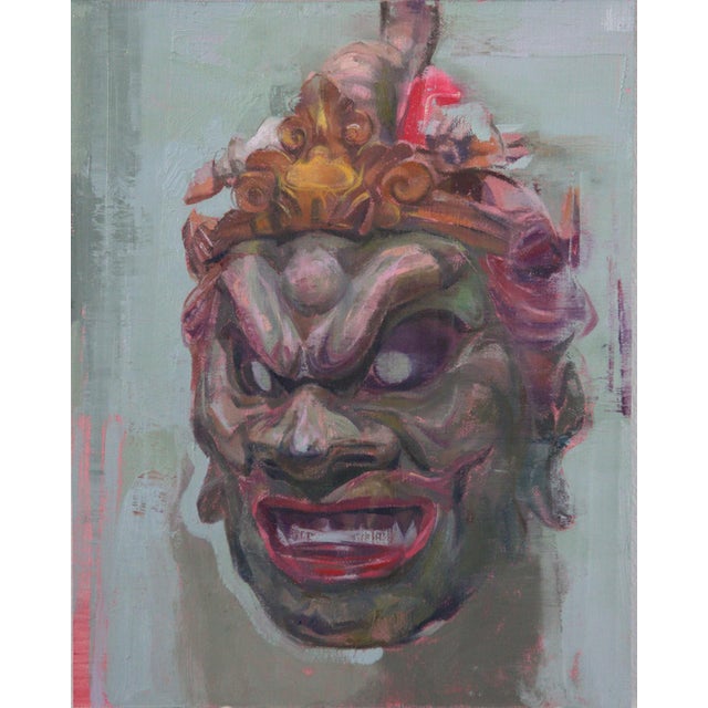 Dragon King by Elena Burykina | Oil on panel Mask of a fierce dragon king with ornate details. For Sale
