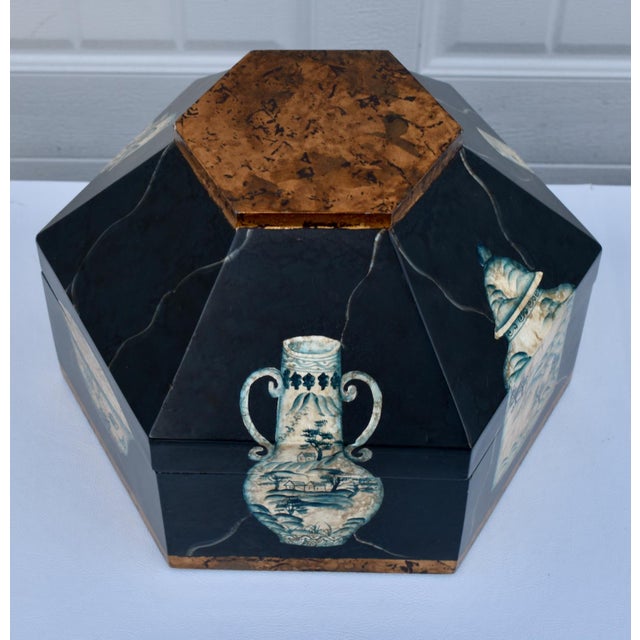 Vtg. Hexagonal Shaped Box With Asian Style Vessels For Sale - Image 13 of 15