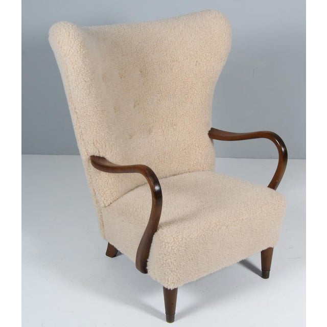 Brown Set of Lounge Chair and Ottoman in Lamb's Wool by Alfred Christensen, 1940s For Sale - Image 8 of 11