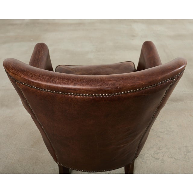 French Art Deco Style Cigar Leather Wing Back Club Chair For Sale - Image 15 of 17