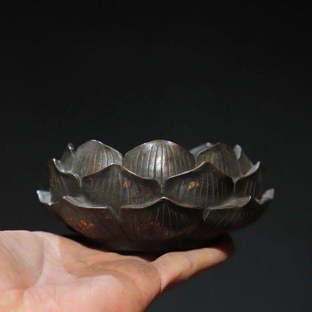 Bronze Lotus Incense Burner With Bud Finial — Gilded Accents, Tripod Form For Sale - Image 9 of 9