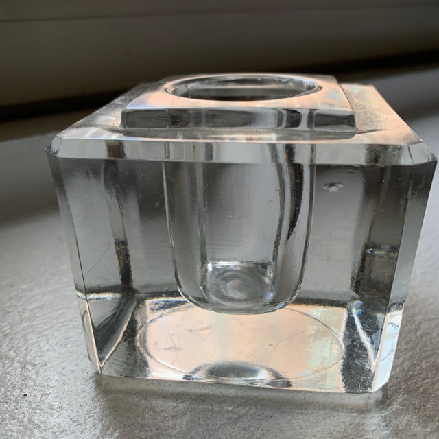 Heavy crystal glass inkwell with pretty rainbow prism effect on the edges when the sun hits. Lovely desk item and can hold...