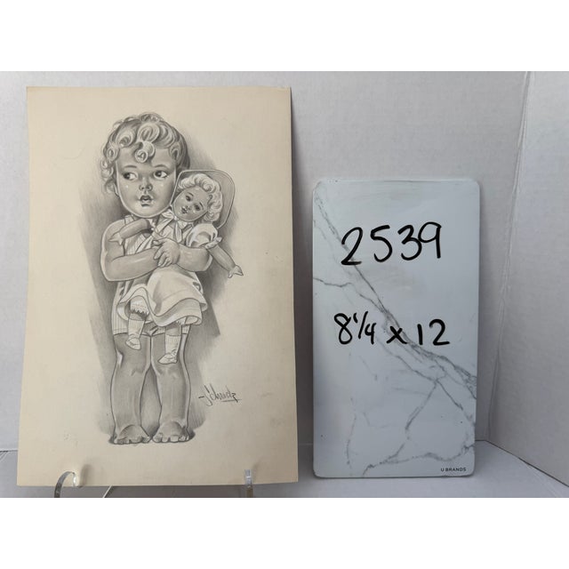 1940s Original Signed Graphite Illustration of Child Holding Doll, 12 × 8.25 In. For Sale In Atlanta - Image 6 of 6