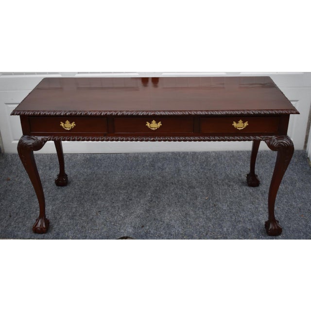 Chippendale Mahogany Writing Console Table Vintage 3 Drawer Ball Claw Foot Sofa For Sale - Image 13 of 15