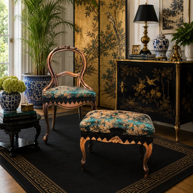 Victorian Late 19th Century The Jade Aviary Chair and Ottoman | the Verdant Society Collection For Sale - Image 3 of 12