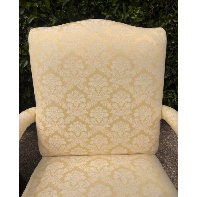 Late 20th Century Pair of Pale Buttercream Yellow Damask Carved Mahogany Martha Washington Library Living Room Chairs, a Pair For Sale - Image 4 of 12