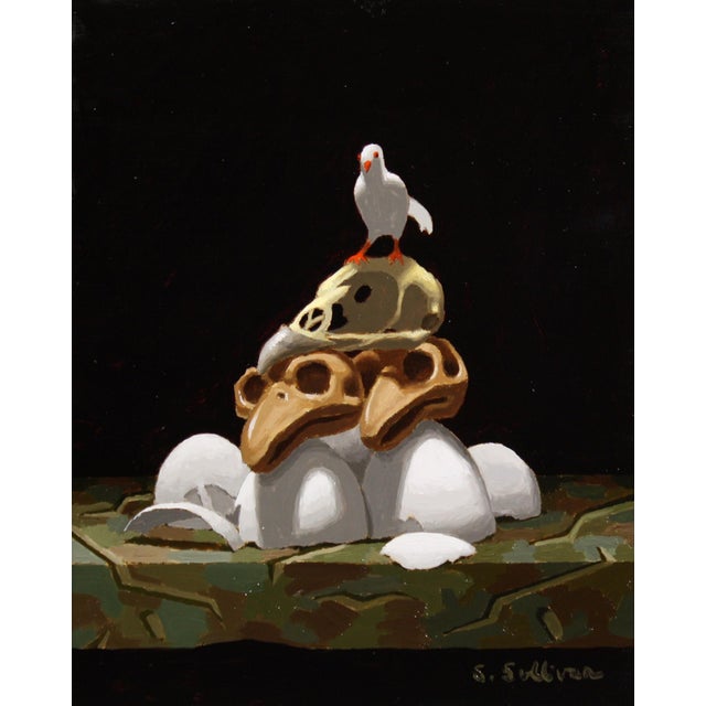 Test Results by Shawn Sullivan | Oil on panel Still life of skulls and a bird on top. For Sale