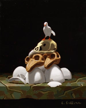 Test Results by Shawn Sullivan | Oil on panel Still life of skulls and a bird on top.