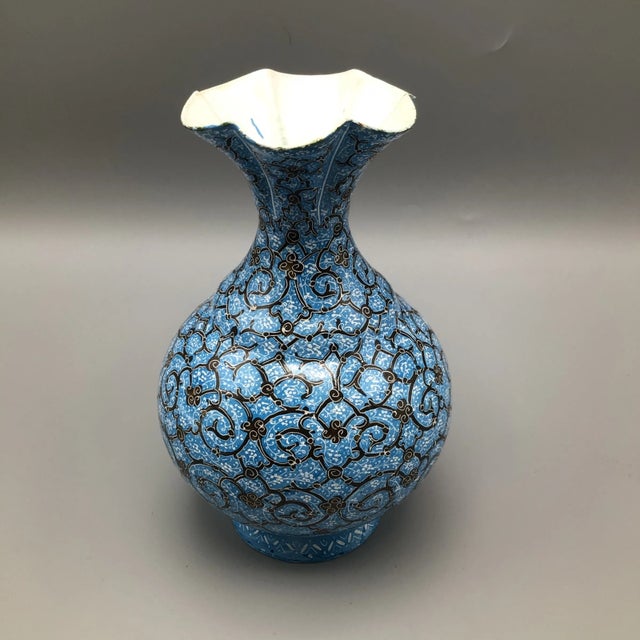 Vintage Ottoman Style Persian Enamel Floral Mouth Vase Blue Gold and White Enamel Over Metal Body With Artist Mark For Sale - Image 4 of 13