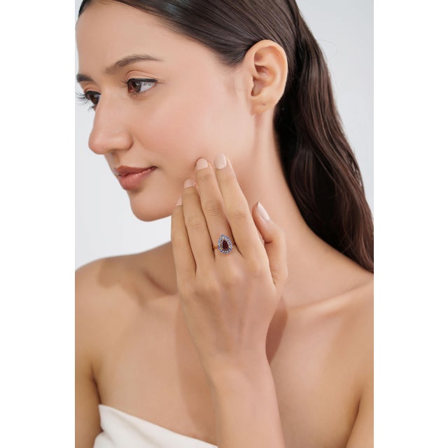 Retro Style 18k Yellow Gold 1.77ct Rubelite & Blue Sapphire Halo Ring Size 9 For Sale - Image 10 of 16
